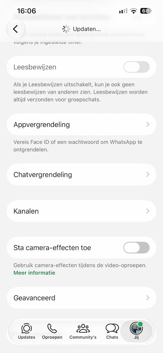 Instructiefoto: Blauwe vinkjes WhatsApp uitschakelen
