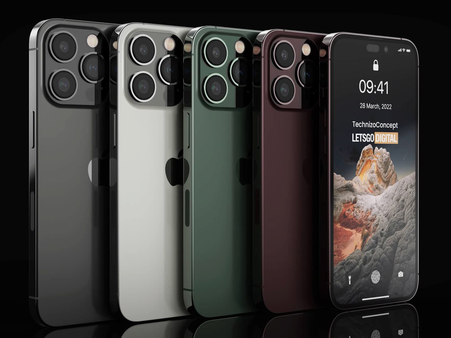 iPhone 14 Pro concept in vier kleuren