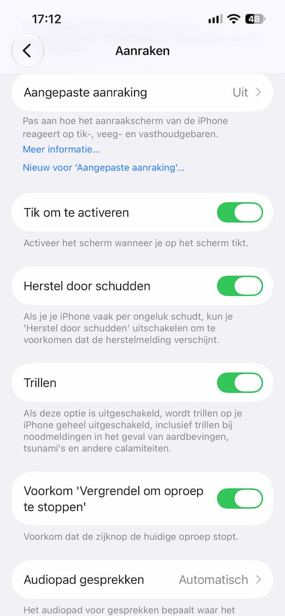 Instructiefoto: Andere instellingen rondom aanraken