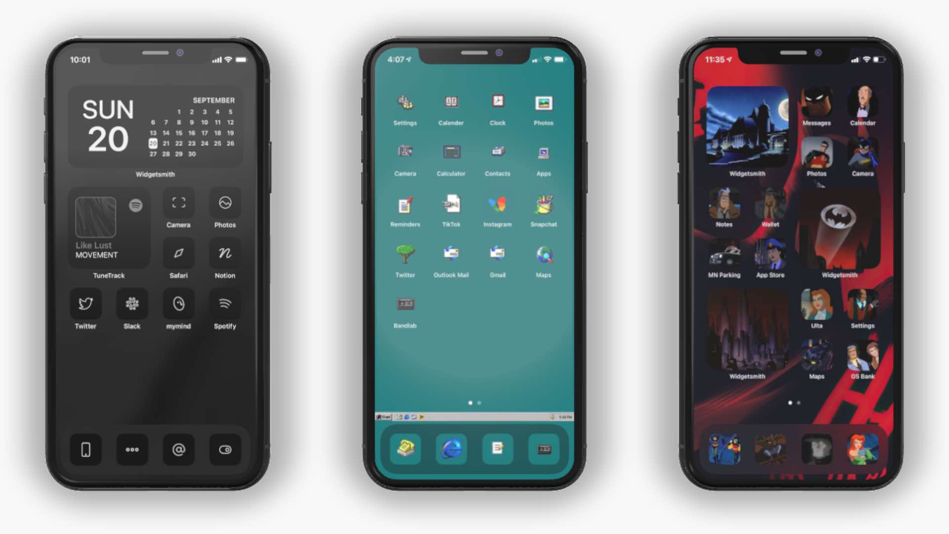 drie creatieve iOS 14 startschermen