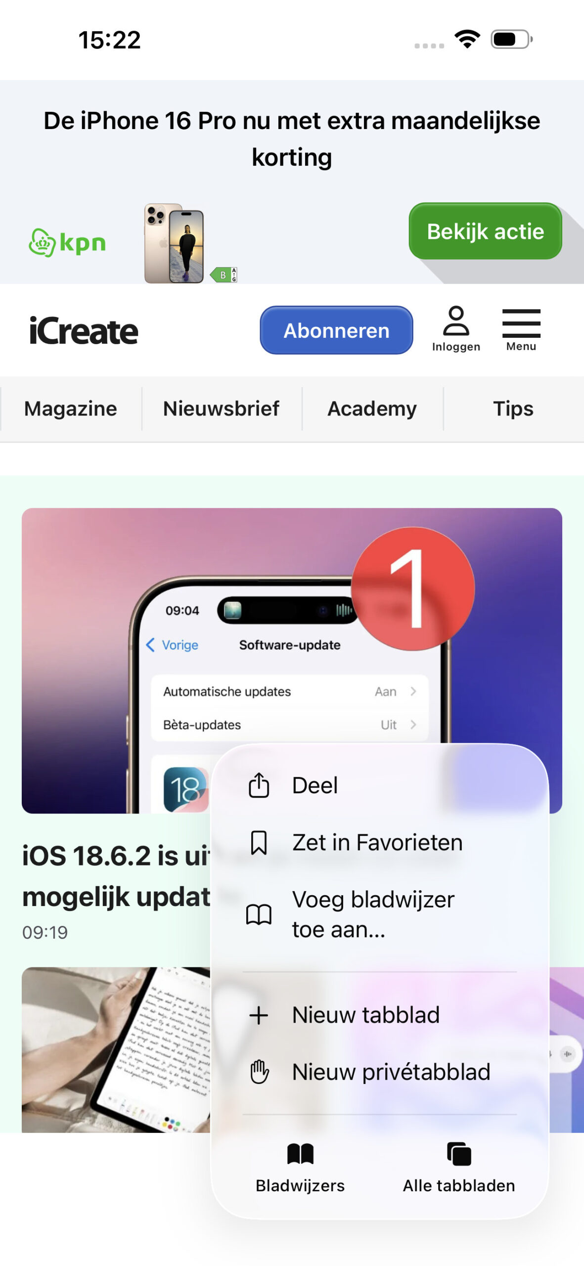 Menu in Safari geopend