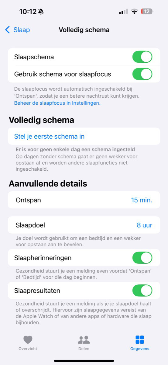 Menu voor 'Slaap' in Gezondheid
