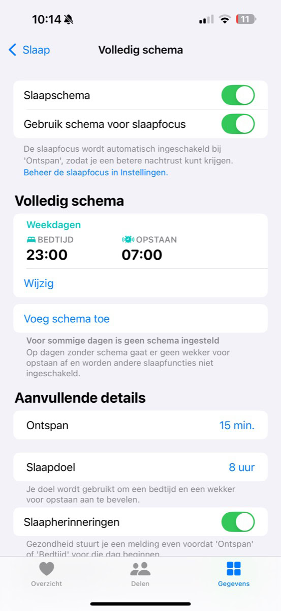 Categorie Slaap in Gezondheid-app met ingesteld slaapschema