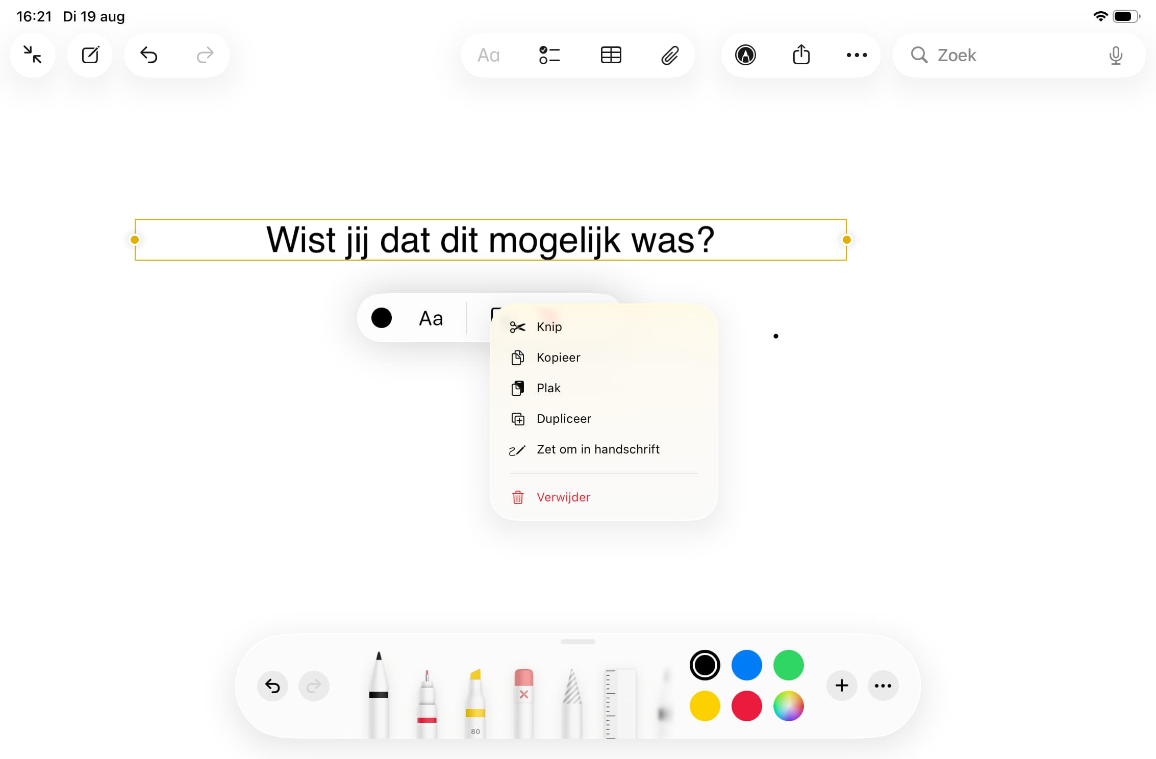 Menu met zet om in handschrift