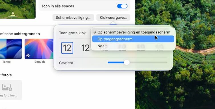 Optie Klokweergave in Systeeminstellingen