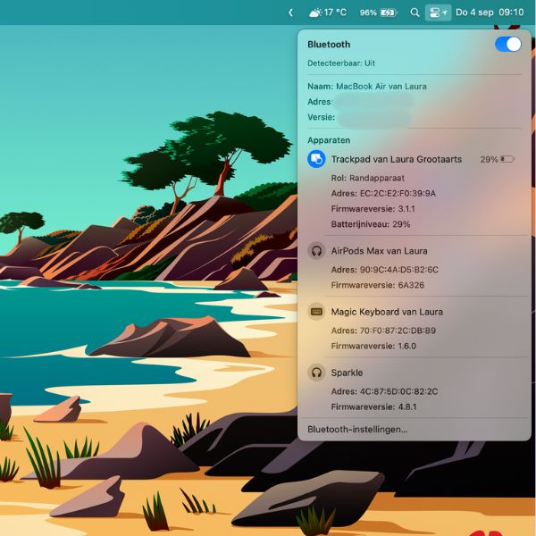 Bluetooth-paneel met option ingedrukt