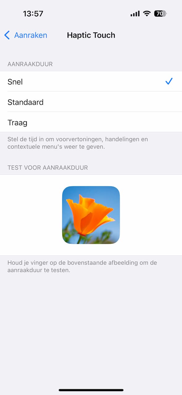 Instellingen voor de duur van Haptic Touch