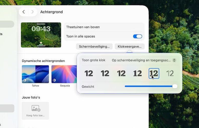 Menu om stijl en formaat van de klok te bepalen