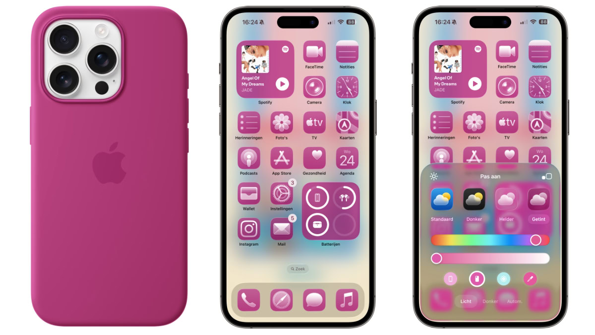 Drie roze iPhones met matchende icoontjes