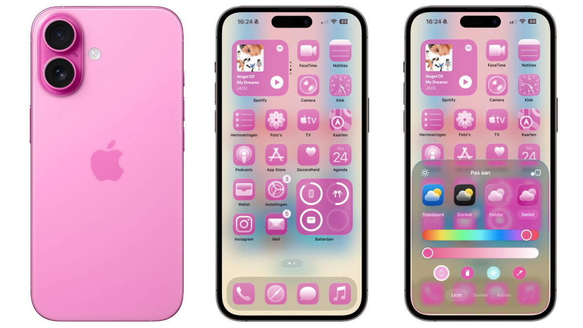 Drie roze iPhones met matchende icoontjes