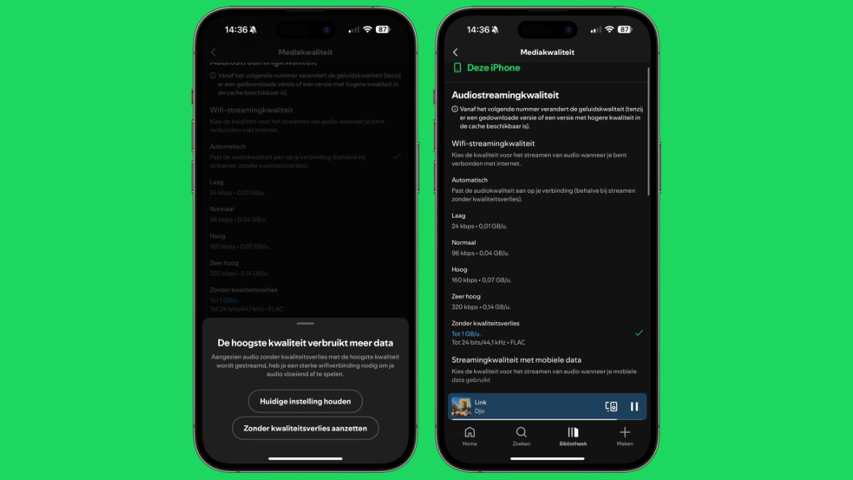 Twee iPhones met instellingen Spotify Lossless
