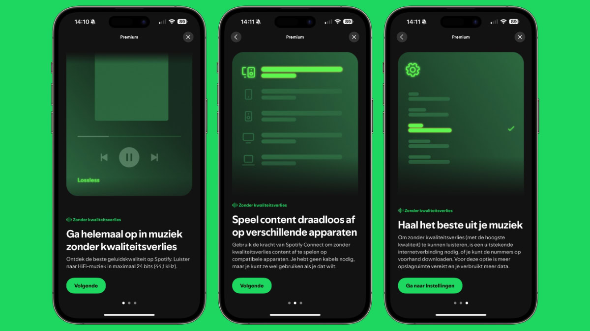 Drie iPhones met introductie Spotify Lossless