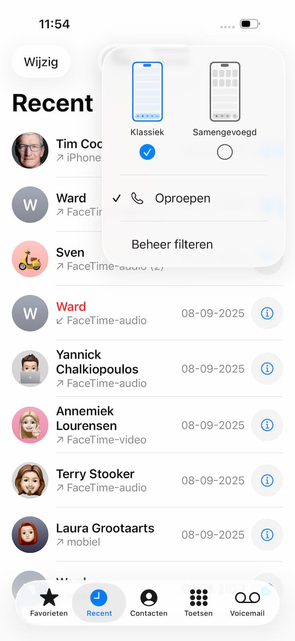 Wisselen naar de klassieke weergave in Telefoon