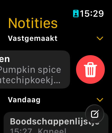 Hoofdmenu in Notities met prullenbak-icoontje