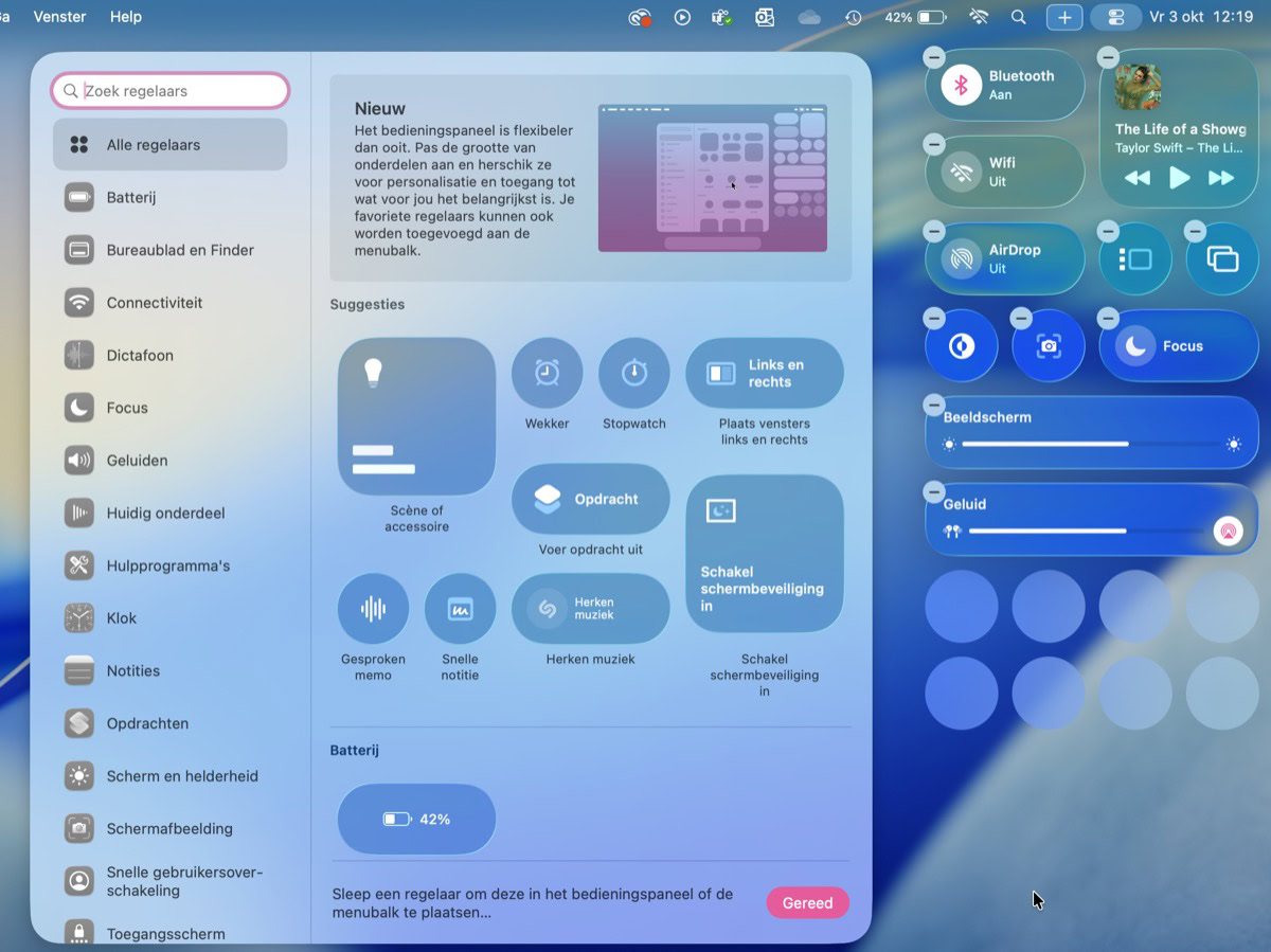 Menu in macOS met knoppen voor Bedieningspaneel