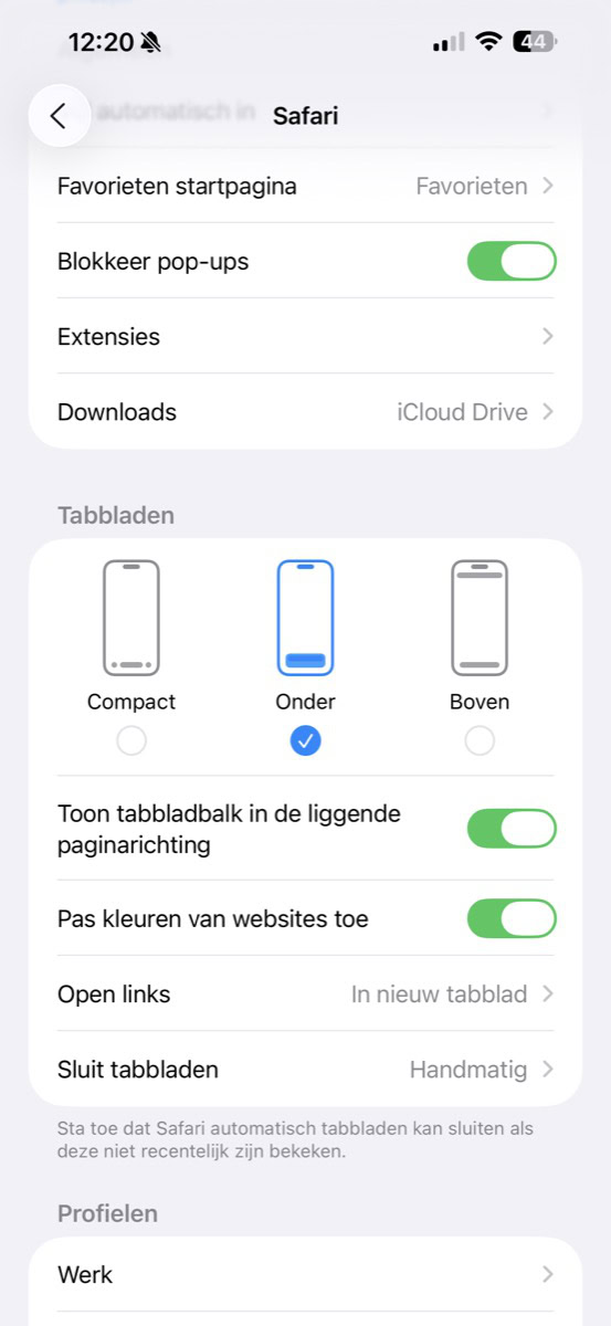 Instellingen voor tabbladen Safari op iPhone