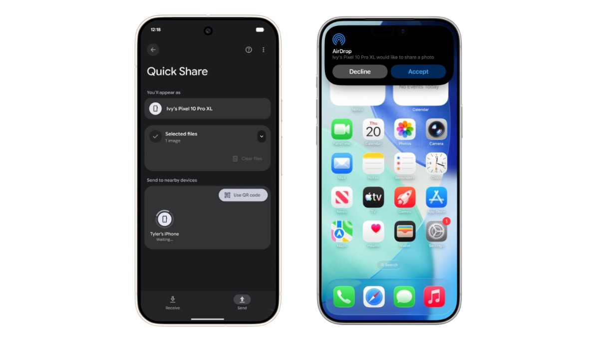 Android met Quick Share links, iPhone rechts
