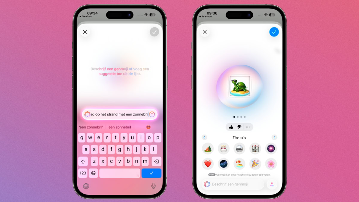 Twee iPhones met Genmoji-functie waarmee een schildpad wordt gemaakt