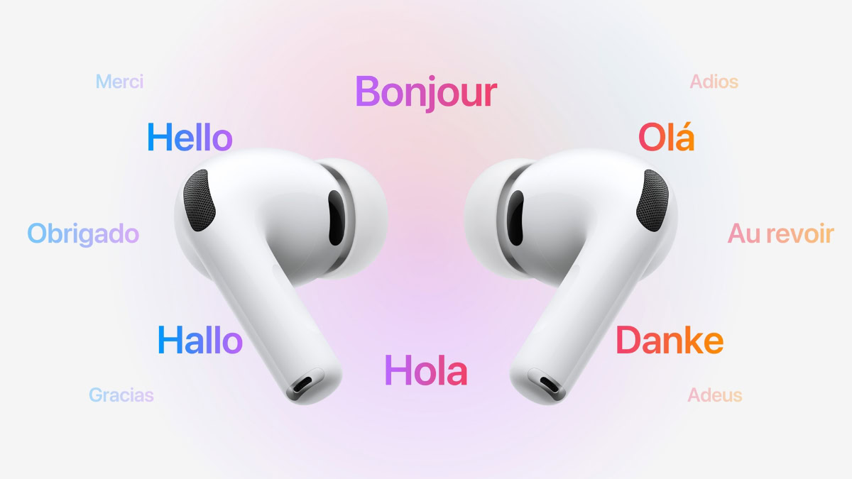 AirPods met 'Hallo' in verschillende talen eromheen