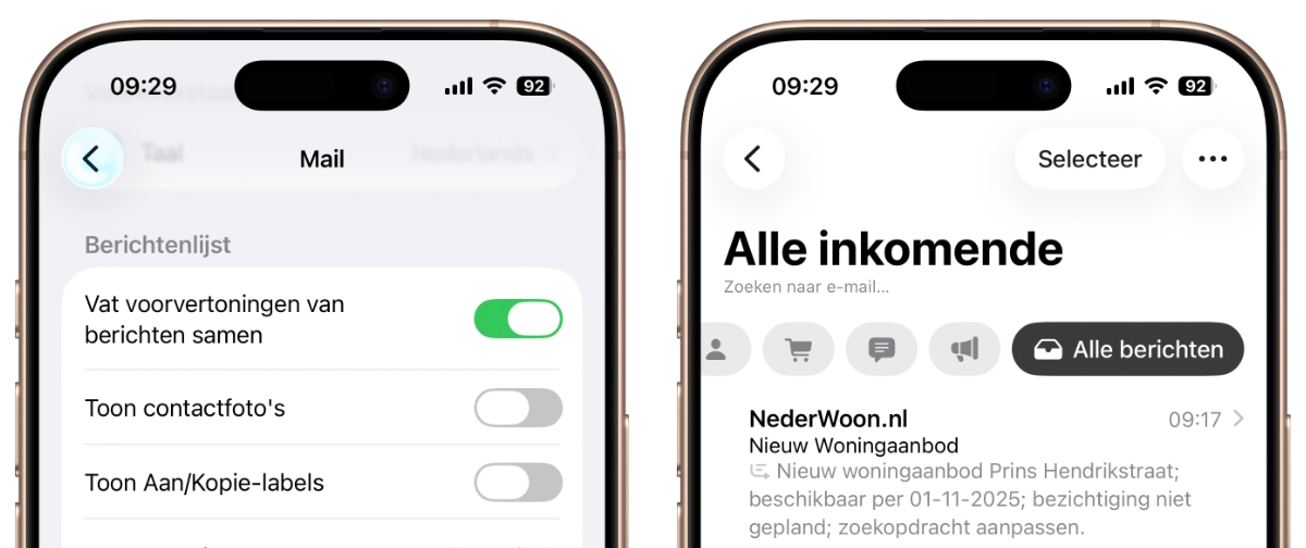 iPhone mail voorvertoning