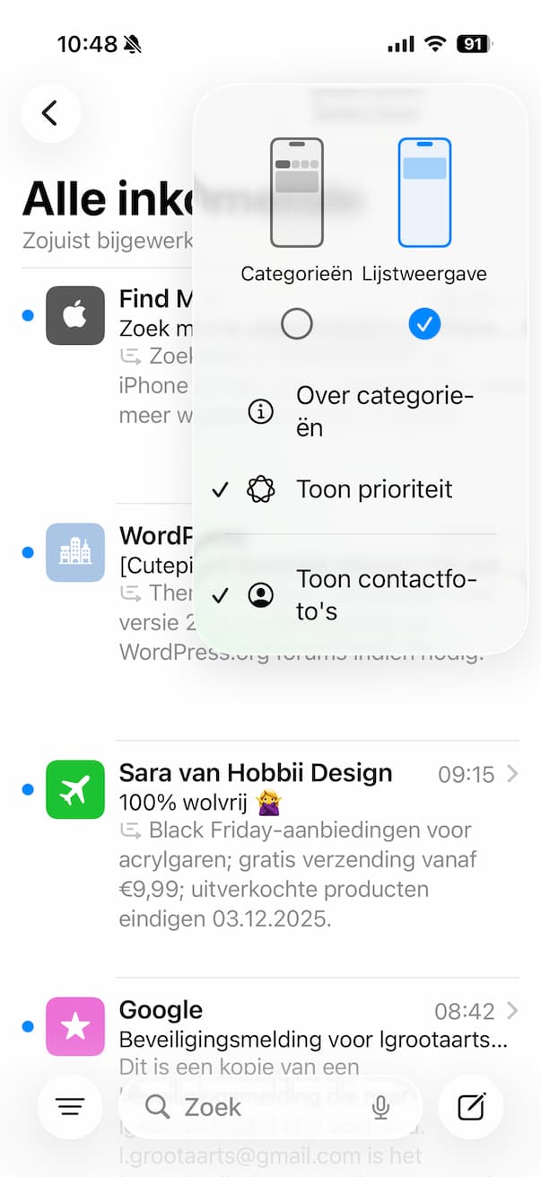 Lijstweergave in Mail instellen
