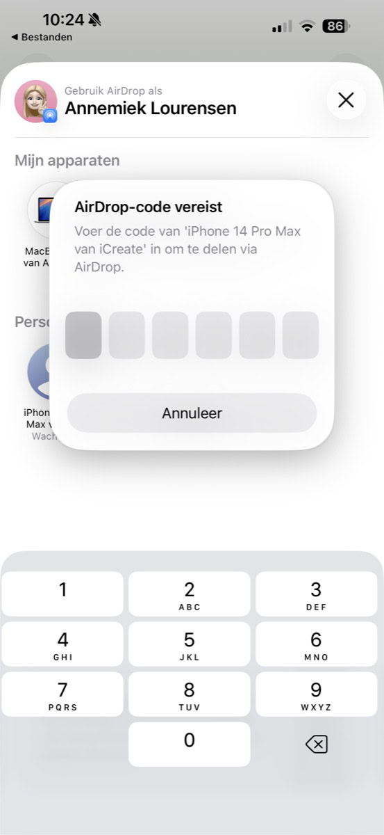 Venster voor invoeren AirDrop-code