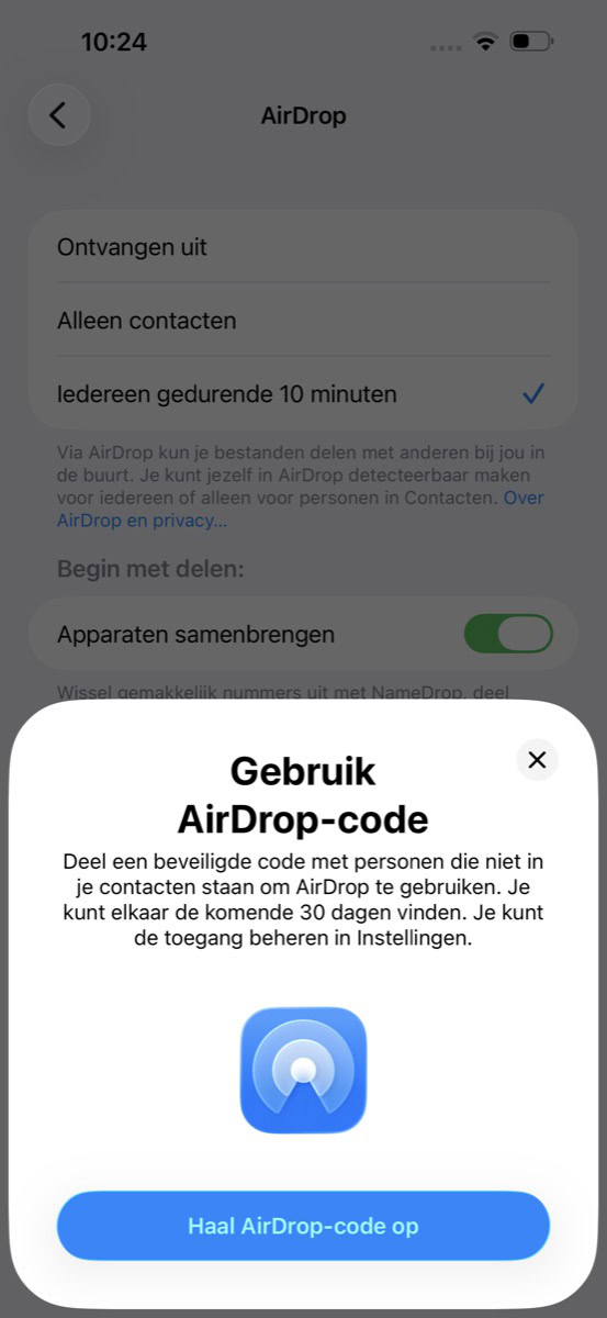 Venster met 'Gebruik AirDrop-code'