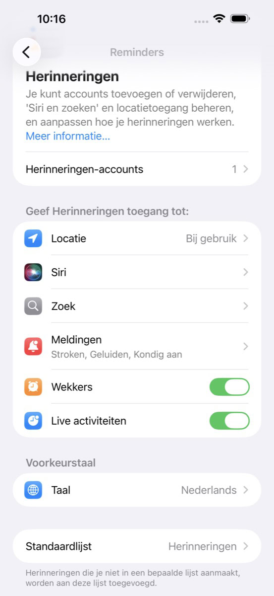 Herinneringen-menu in Instellingen-app