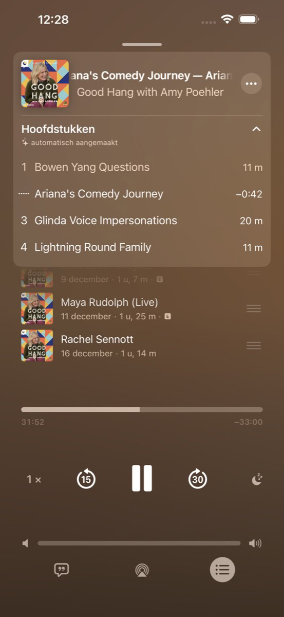 Venster met hoofdstukken in Podcasts-app
