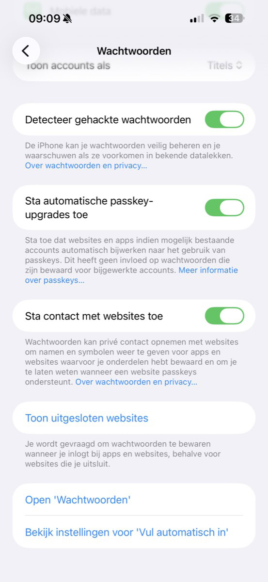 Instellingen Wachtwoorden-app