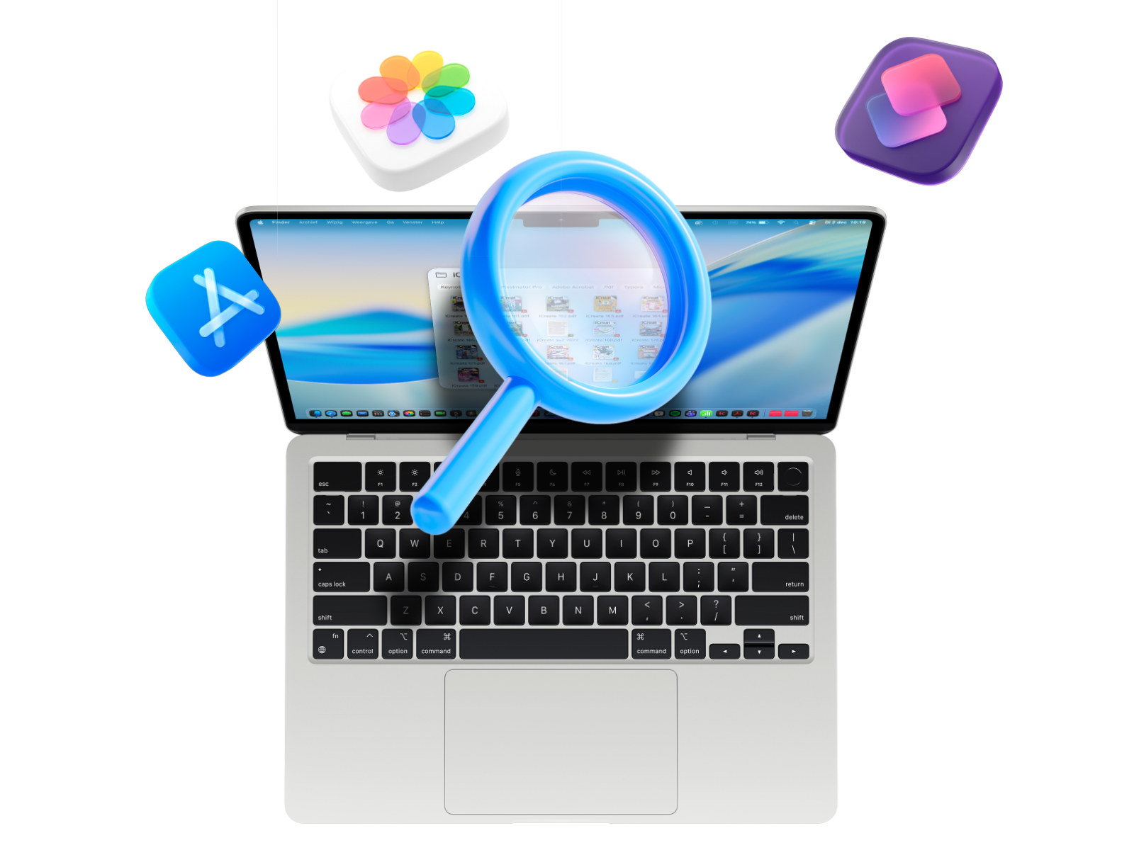 MacBook met vergrootglas en app-icoontjes