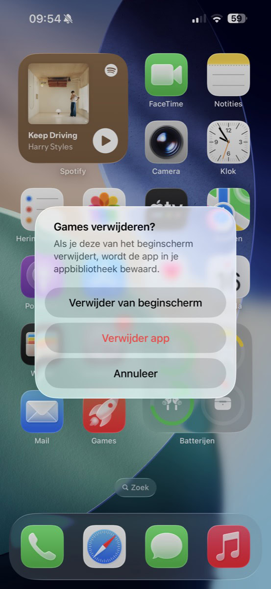 Optie voor 'Verwijder van beginscherm' bij Games-app