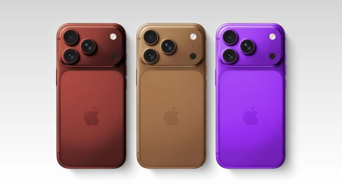 Drie concept-iPhones naast elkaar in drie verschillende kleuren