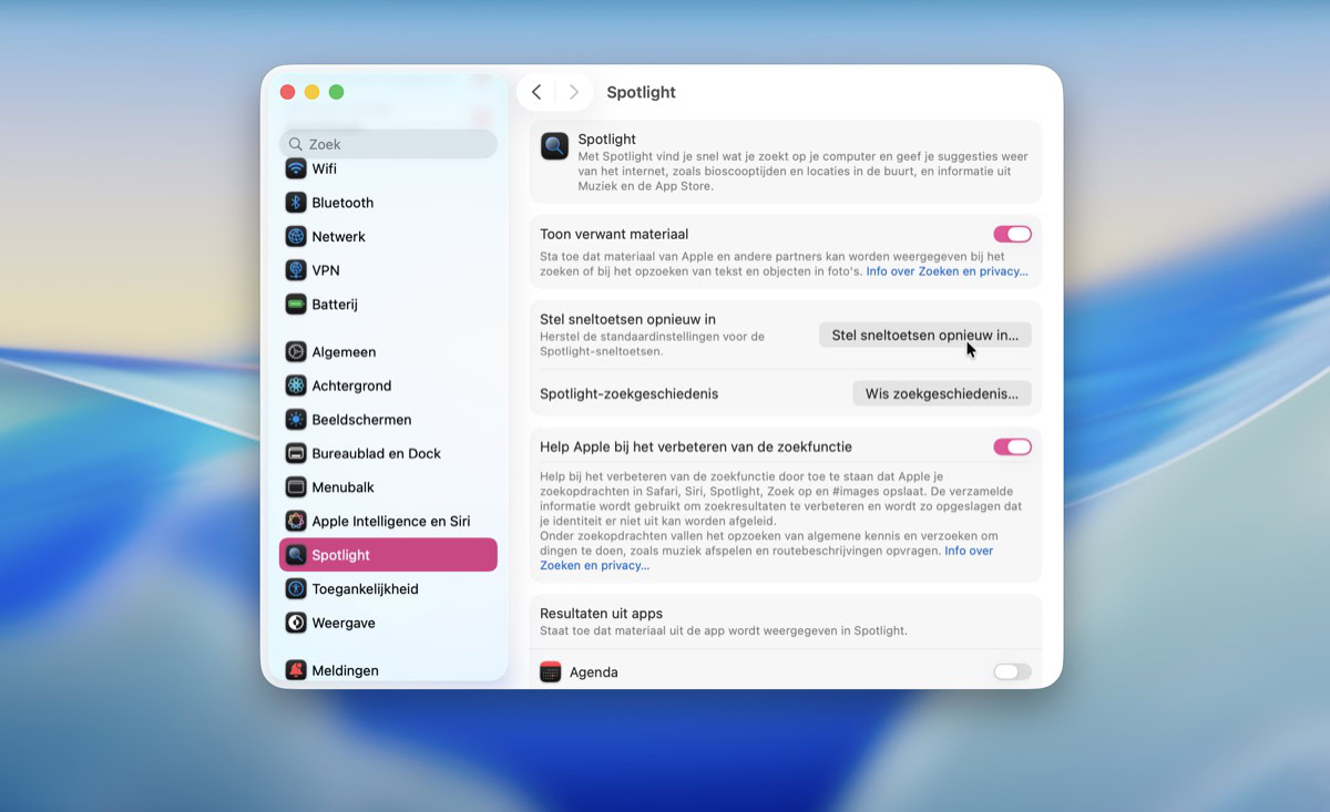 Menu in systeeminstellingen voor verwijderen slimme toetsen