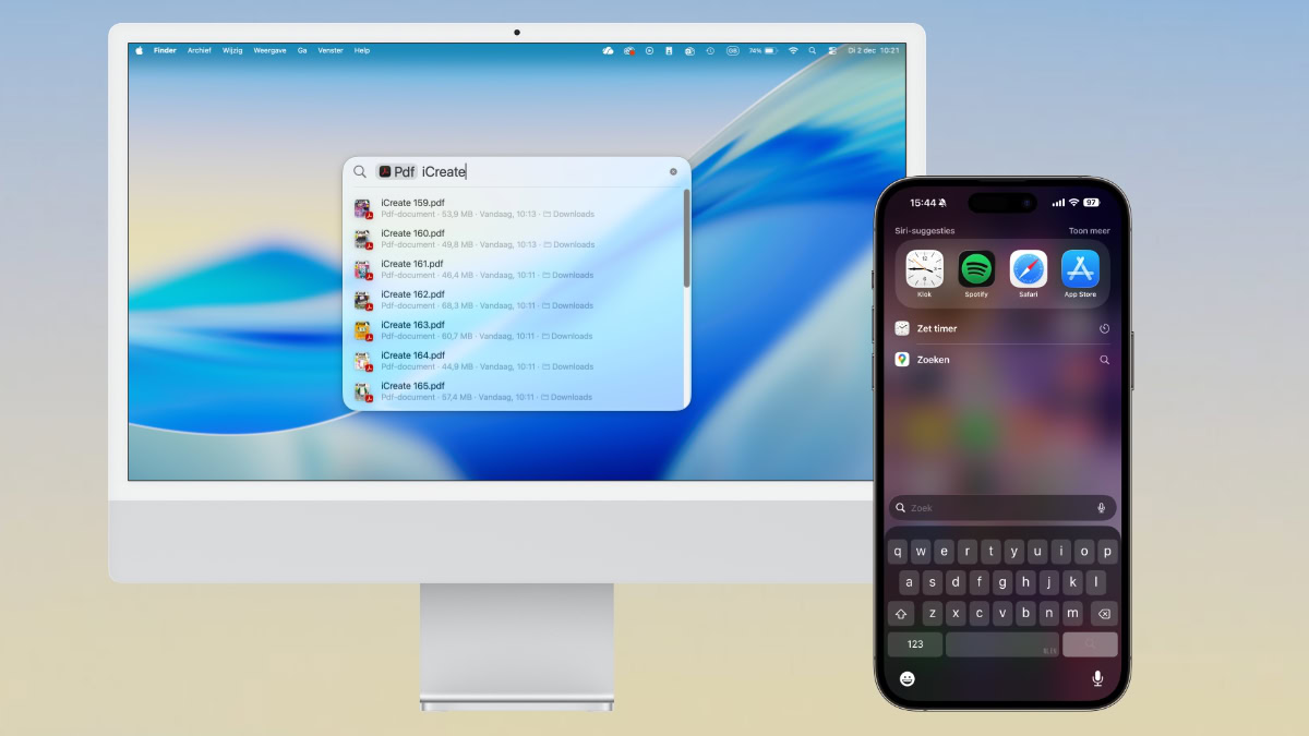 iMac en iPhone met Spotlight geopend