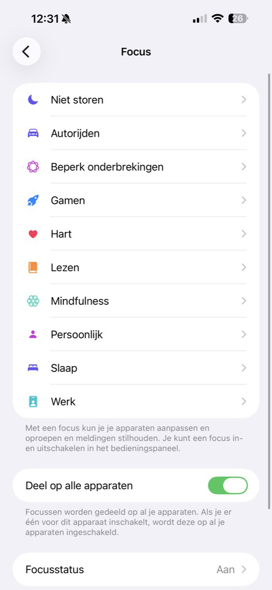 Alle focussen in Instellingen