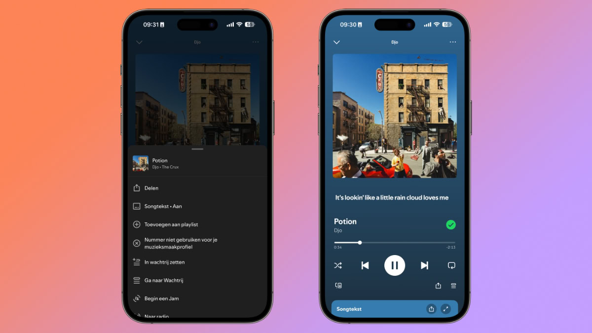 Twee iPhones met nieuwe Spotify functie voor songteksten onder albumhoes