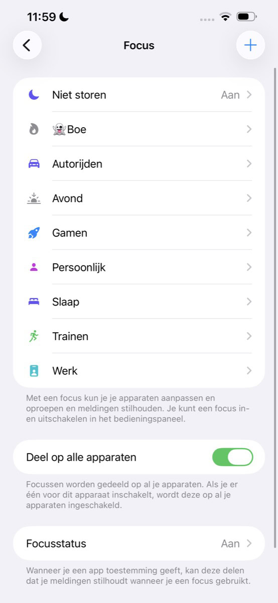 Instellingen voor Focus