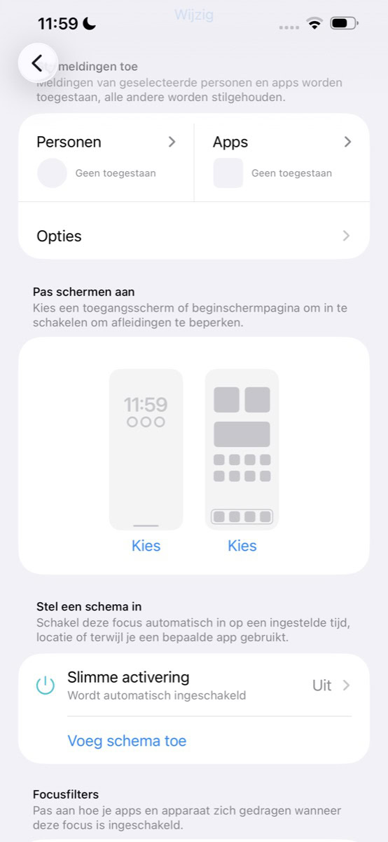 Pas schermen aan in Werk-focus