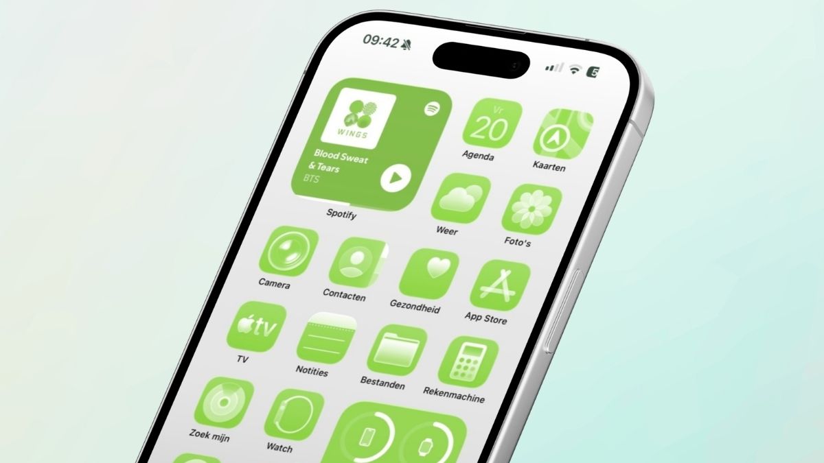 iPhone met icoontjes in gifgroen op thuisscherm