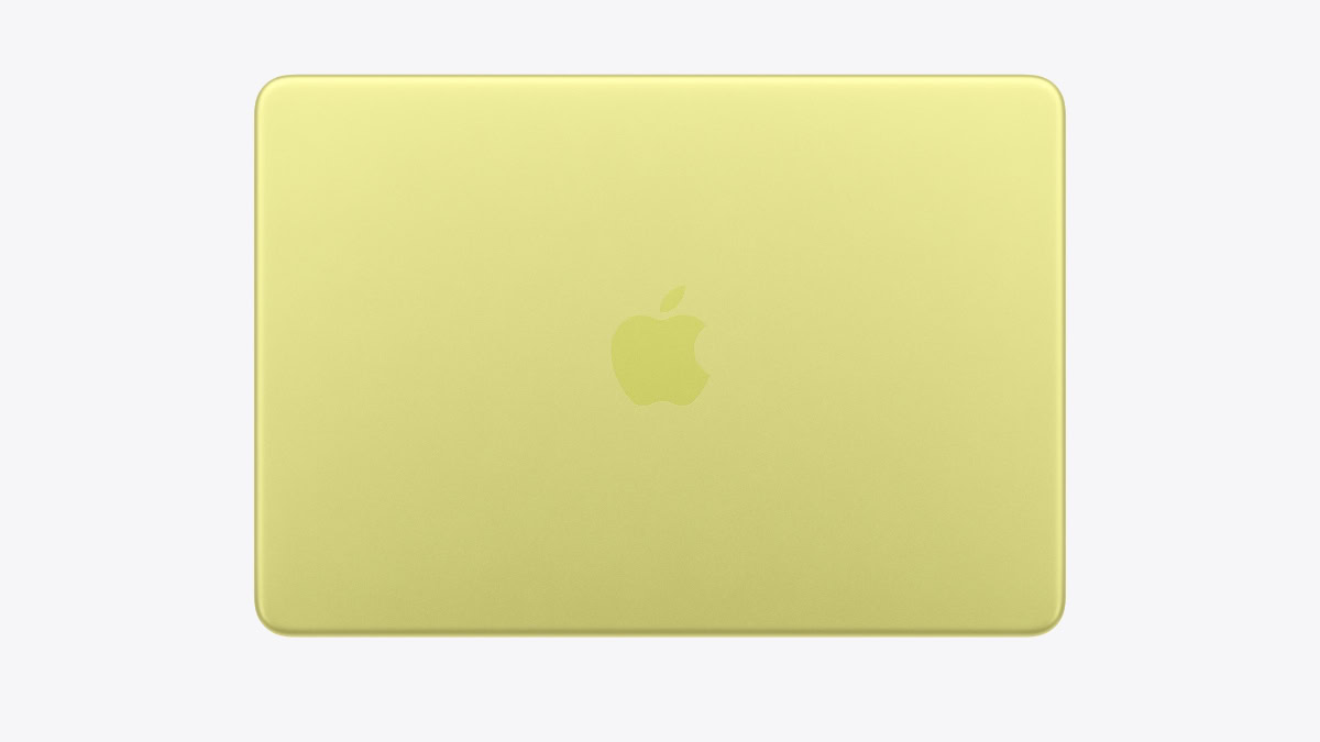 Gele MacBook Neo van boven