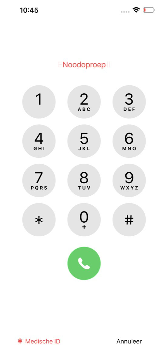 Noodgeval-menu met knop 'Medische ID'