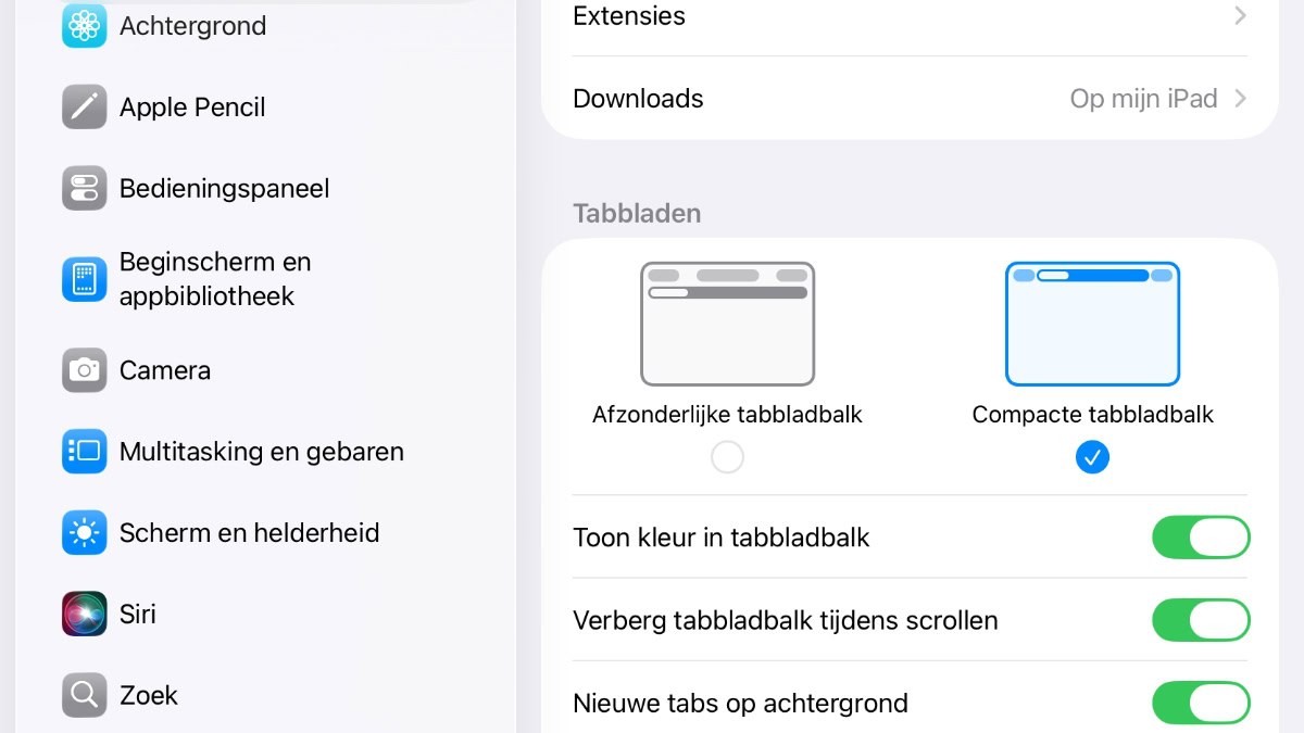 Instelling voor compacte tabbladbalk op iPad