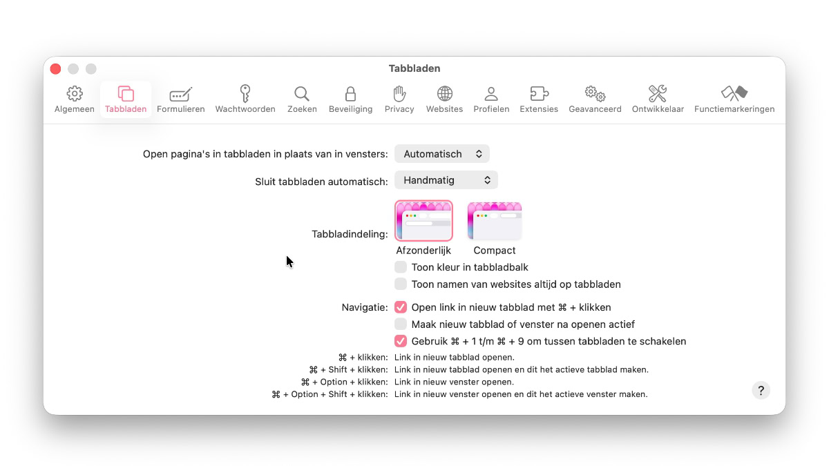 Instelling voor compacte tabbladbalk op Mac