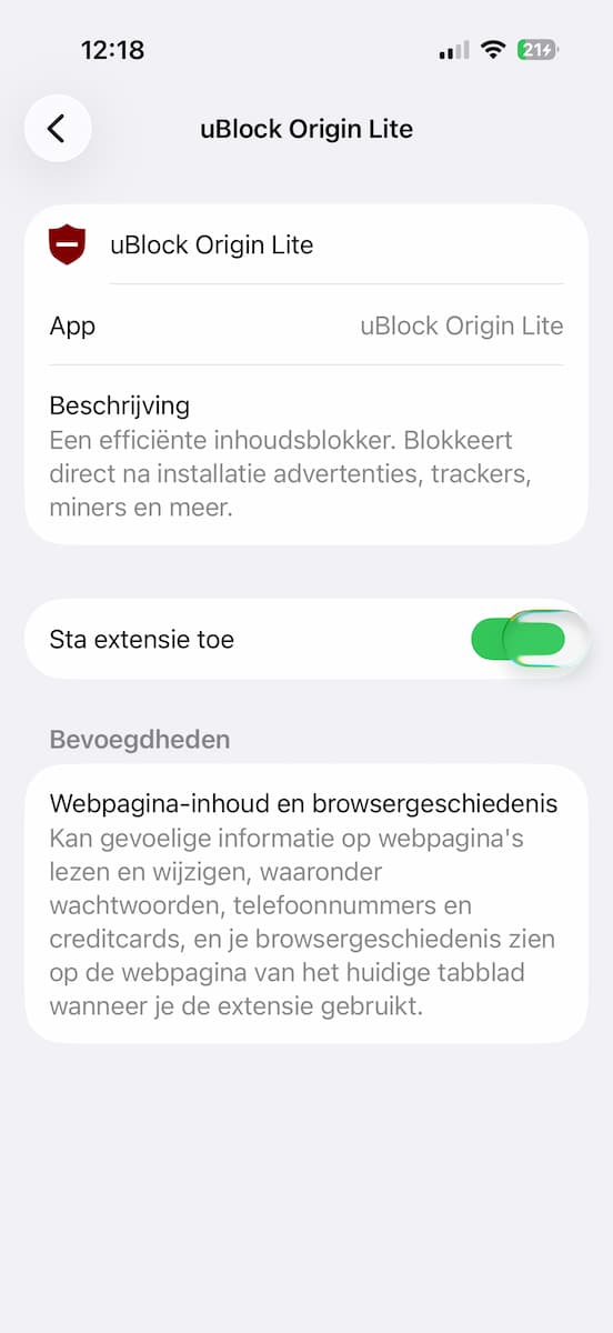 Instructiefoto: Sta extensie toe