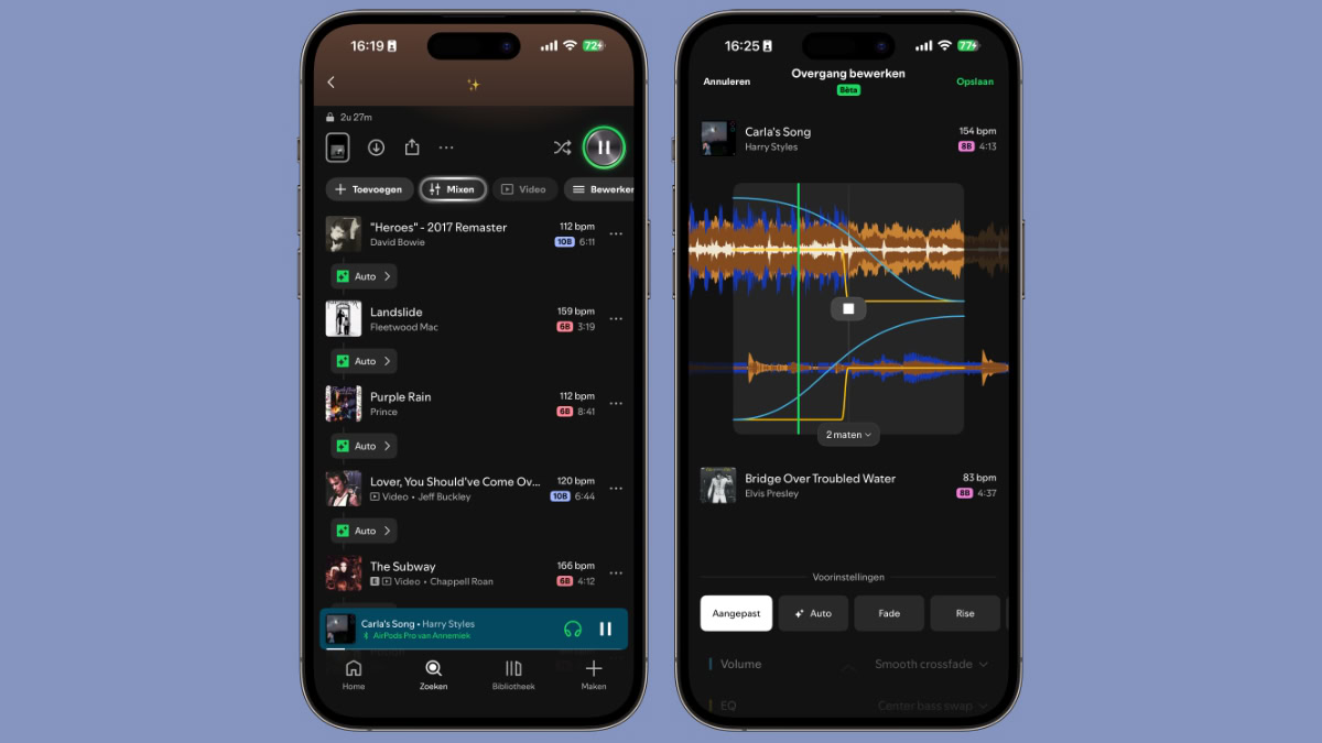 Twee iPhones met Spotify-functie automix