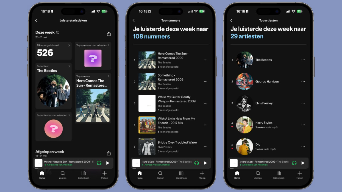 Drie iPhones met Spotify-functie luisterstatistieken