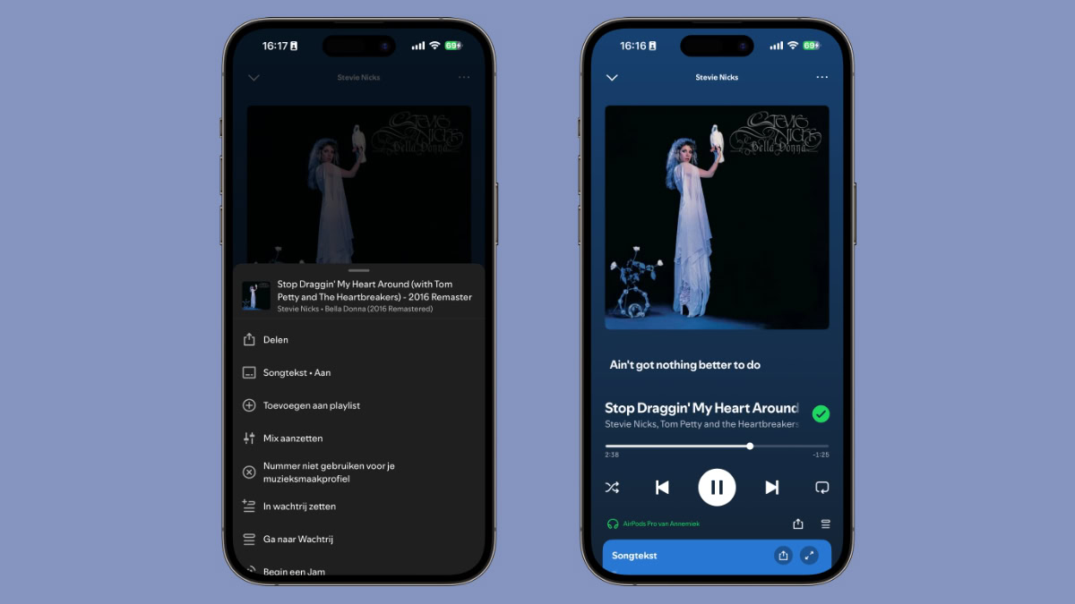 Twee iPhones met Spotify-functie songteksten