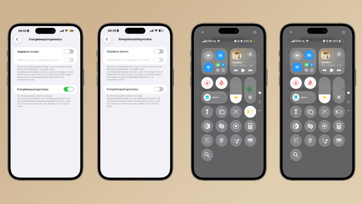 Vier iPhones met Energiebesparingsmodus uit en aan