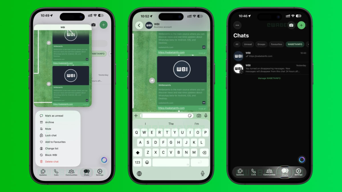 Drie iPhones met nieuw design in WhatsApp